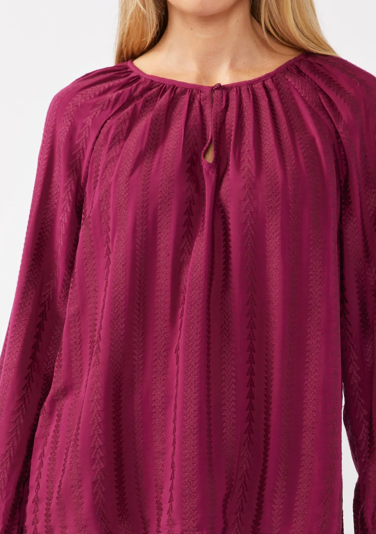 Geo Jacquard Long Sleeve Keyhole Blouse