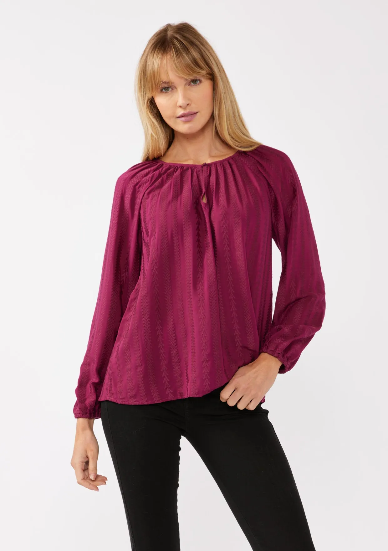 Geo Jacquard Long Sleeve Keyhole Blouse