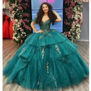 Glittering Emerald Green Quinceanera Dresses Beading Lace Appliques Vestidos De 15 Anos Formal Birthday Party Prom