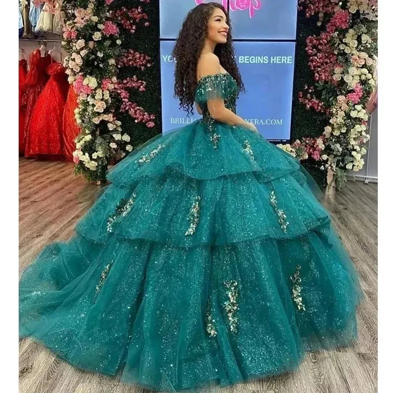 Glittering Emerald Green Quinceanera Dresses Beading Lace Appliques Vestidos De 15 Anos Formal Birthday Party Prom