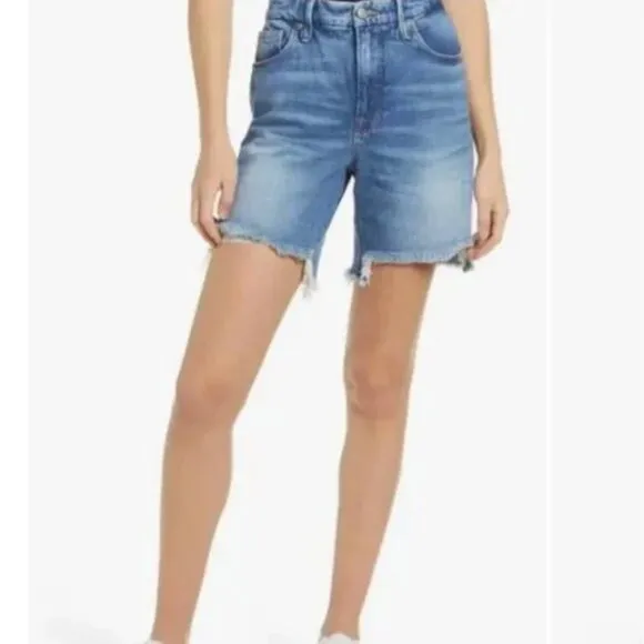 Good American Denim High Waist Bermuda Fray Hem Shorts Size 8/29