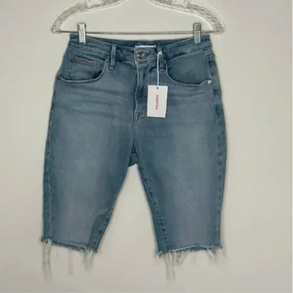 Good American Denim High Waist Bermuda Fray Hem Shorts Size 8/29