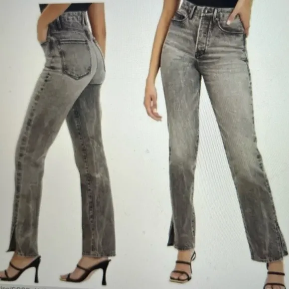 GOOD AMERICAN Good Boy Side Slit Straight Jeans Black Gray Wash size 8/29