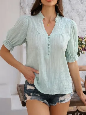 Green Peasant Top With Button Detail