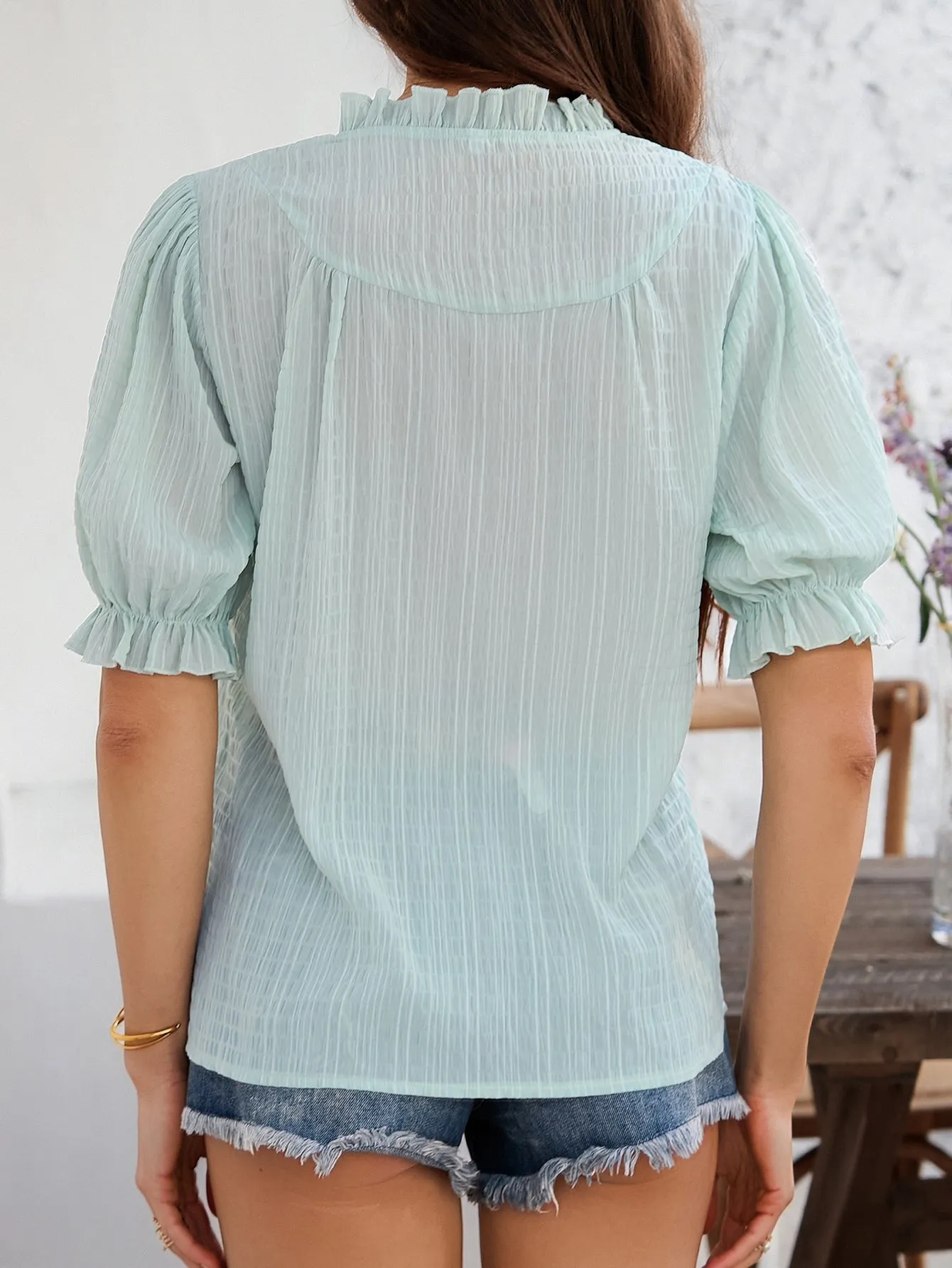 Green Peasant Top With Button Detail