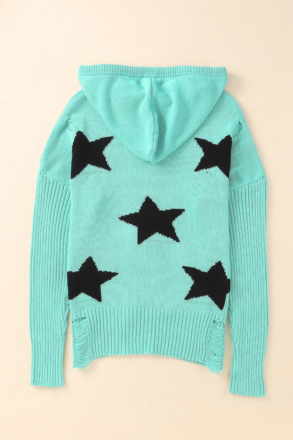 Green V Neck Star Pattern Hooded Sweater with Slits