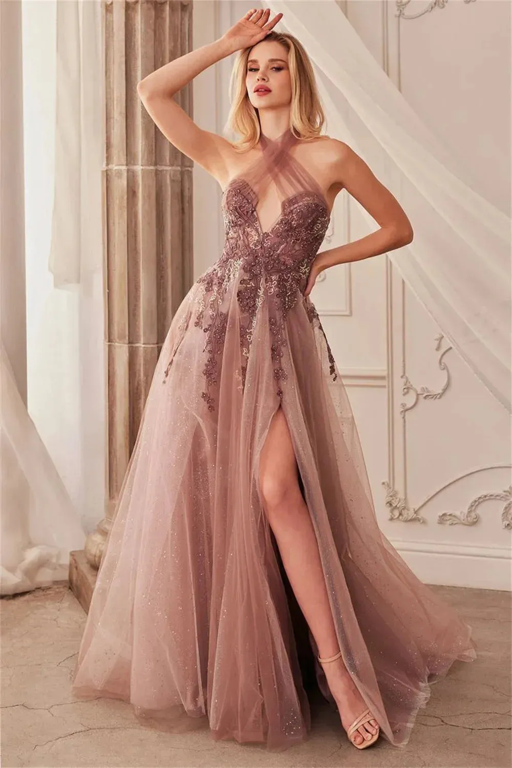 Halter Neck Lace Embroidery Tulle Vestidos De Noche Elegant Sleeveless Illusion Side Split Prom Dresses