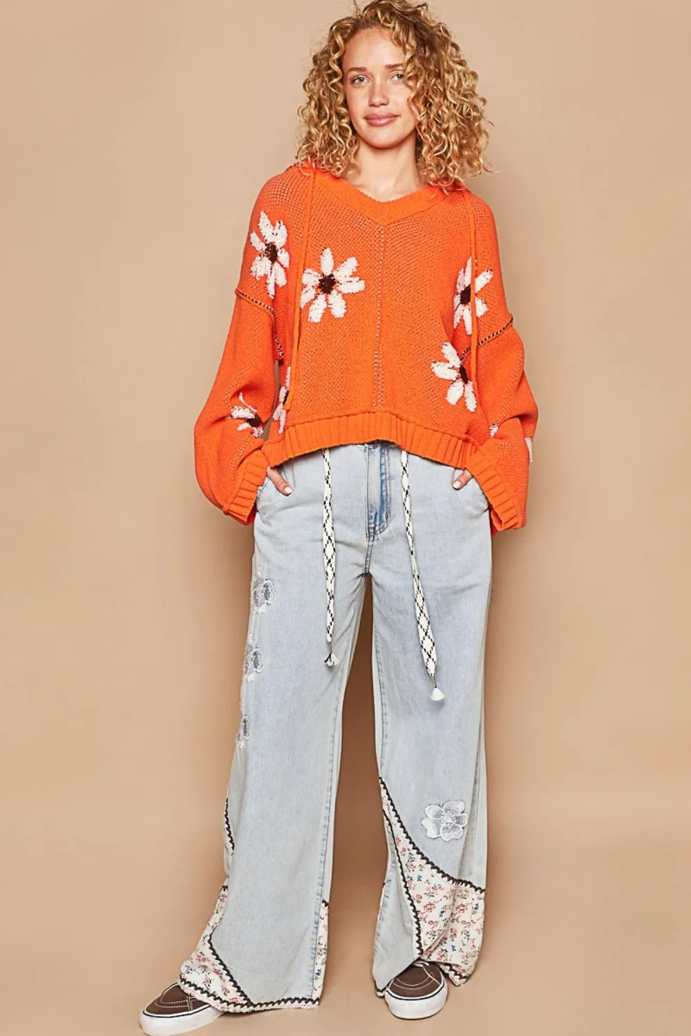 Hazel Blues® |  POL Floral Pattern Hooded High-Low Sweater