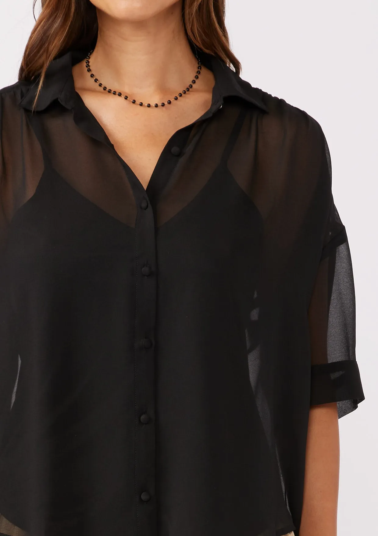 High-Low Sheer Button Down Collared Blouse