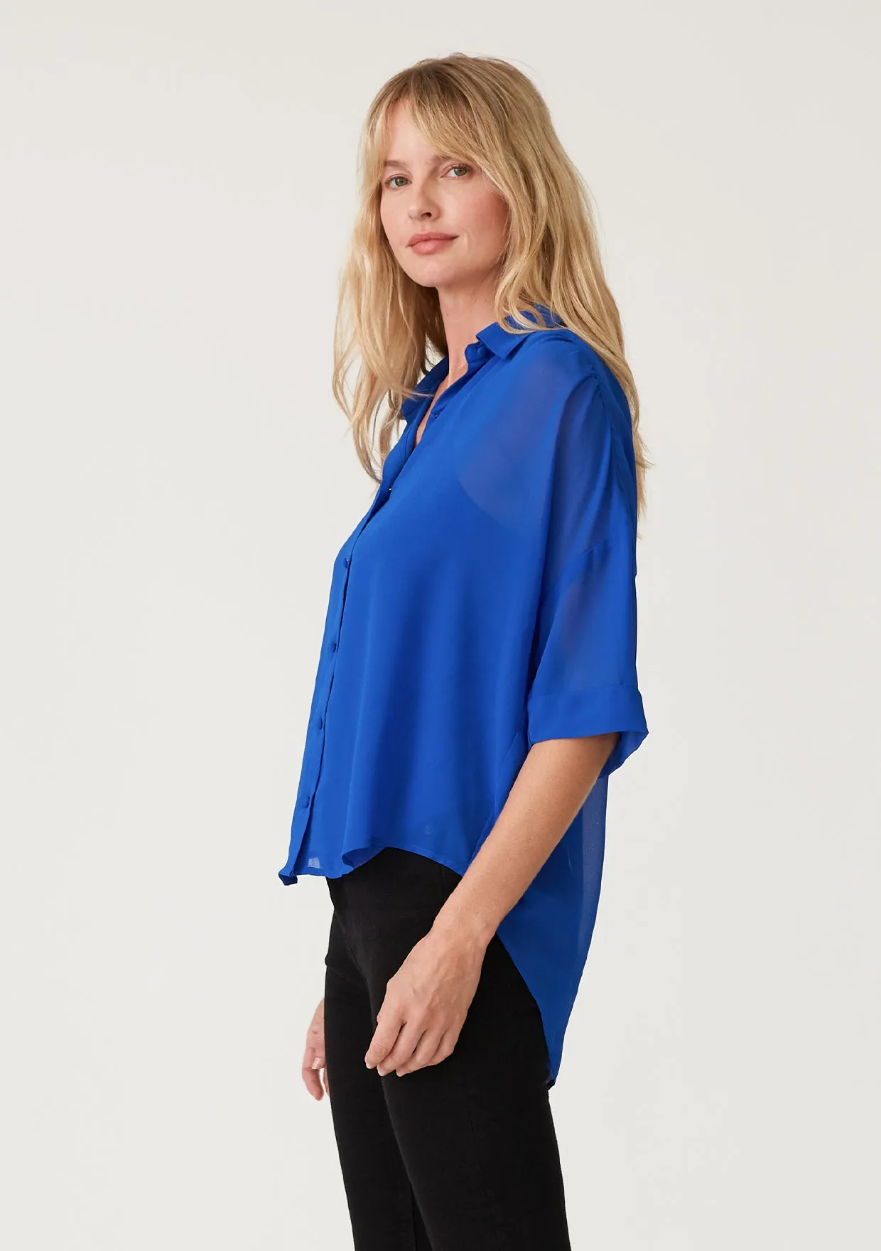High-Low Sheer Button Down Collared Blouse