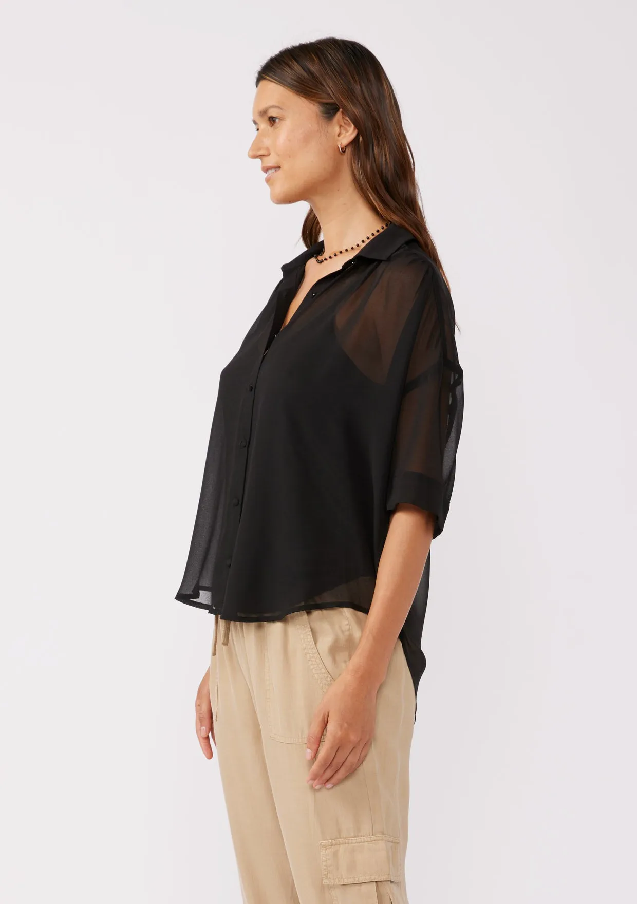 High-Low Sheer Button Down Collared Blouse