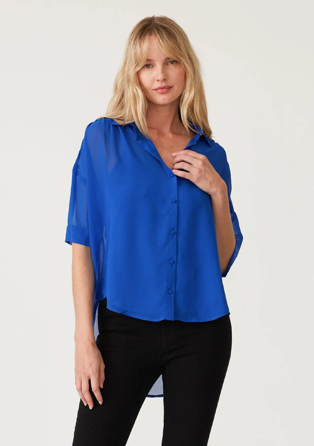 High-Low Sheer Button Down Collared Blouse