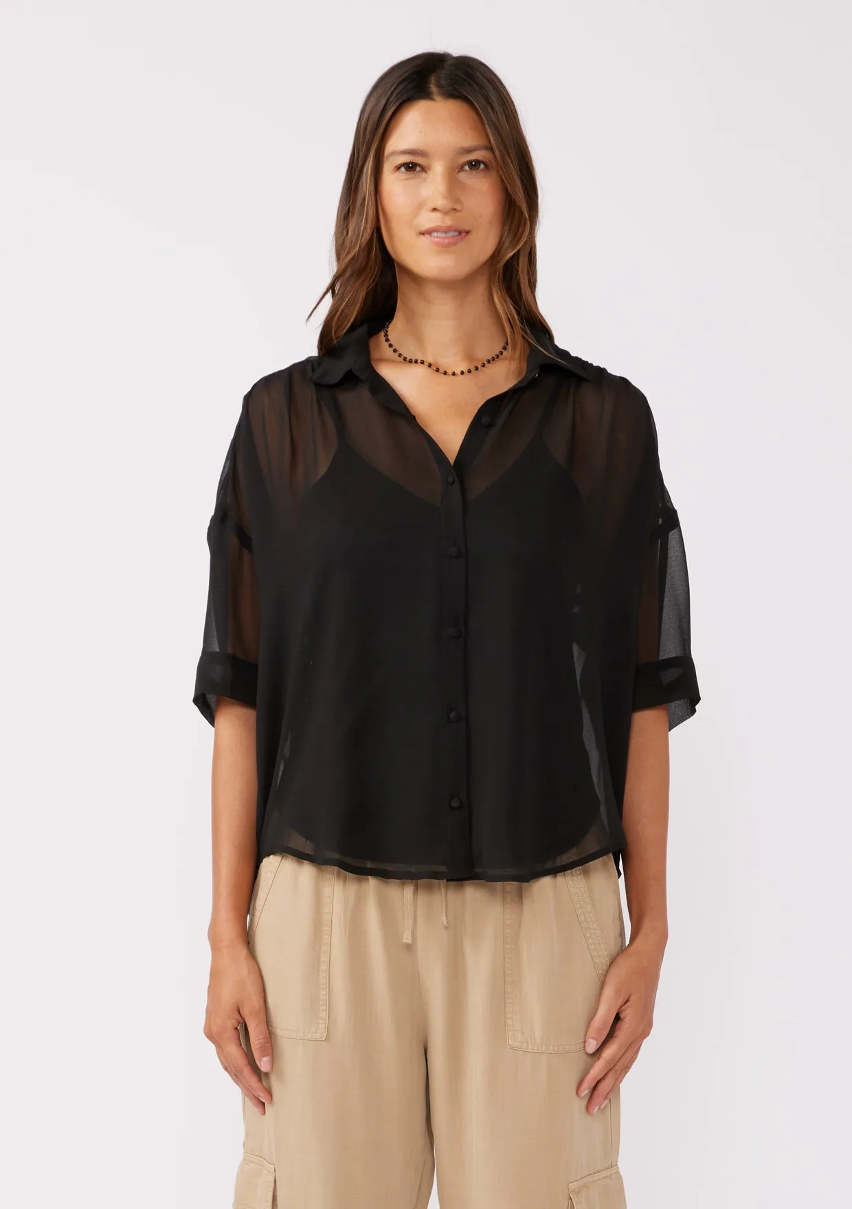 High-Low Sheer Button Down Collared Blouse
