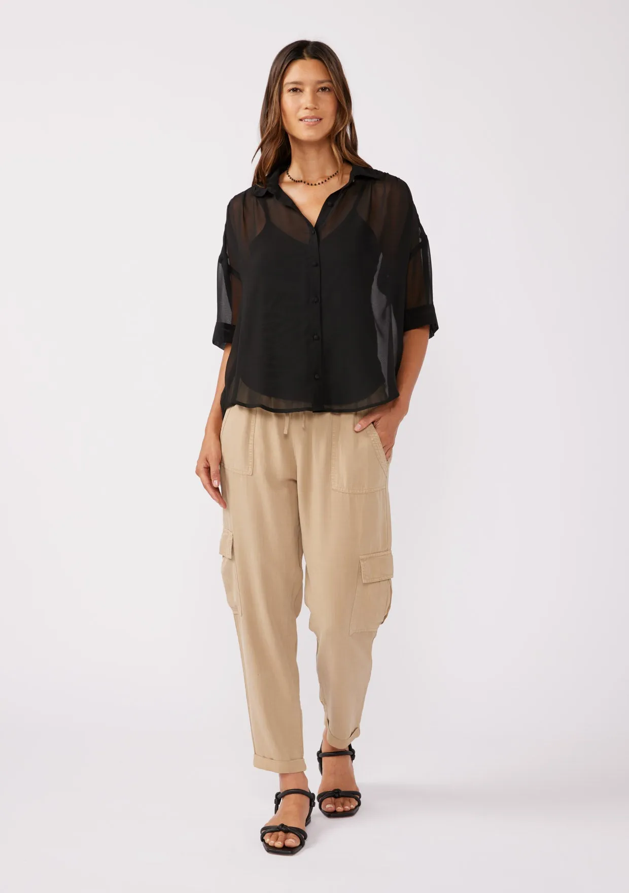 High-Low Sheer Button Down Collared Blouse