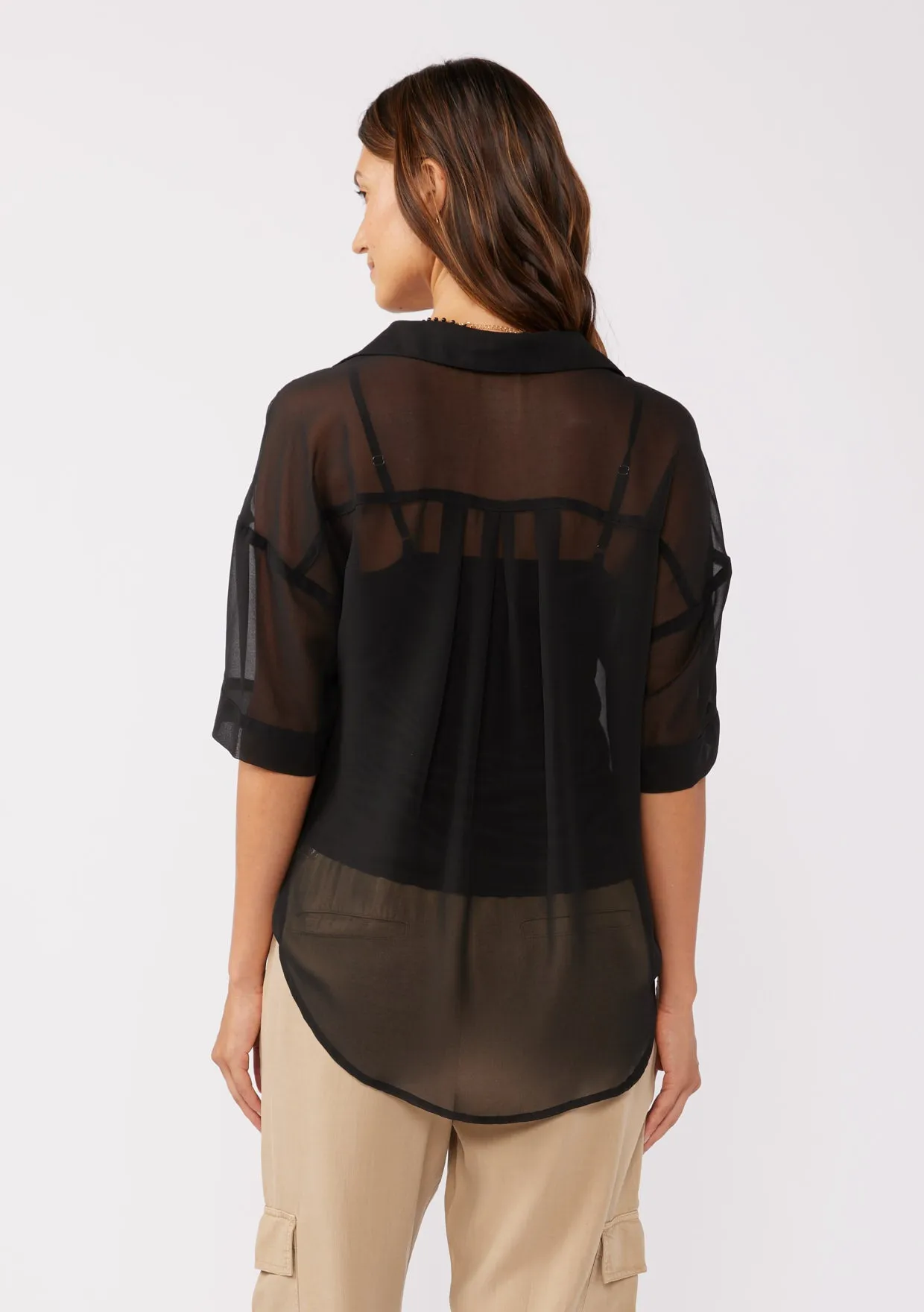 High-Low Sheer Button Down Collared Blouse