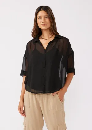 High-Low Sheer Button Down Collared Blouse