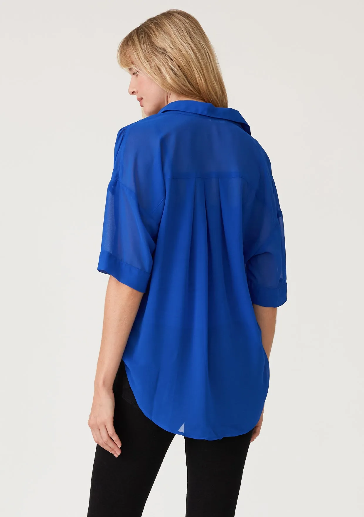 High-Low Sheer Button Down Collared Blouse