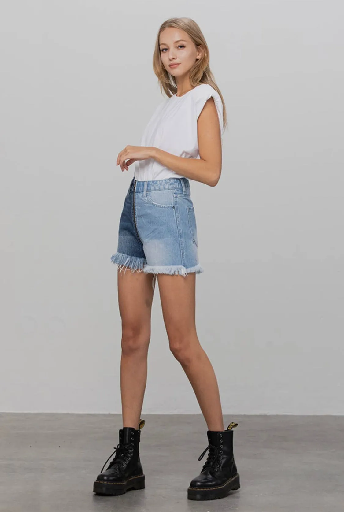 High Rise Two Tone Long Frayed Hem Shorts