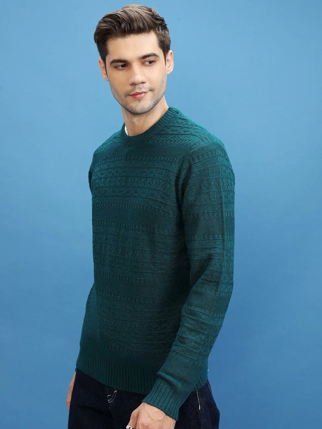 HIGHLANDER Self Design Open Knit Acrylic Pullover Sweater