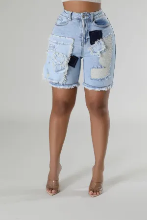 HM1415P - PATCH DENIM DISTRESSED SHORTS