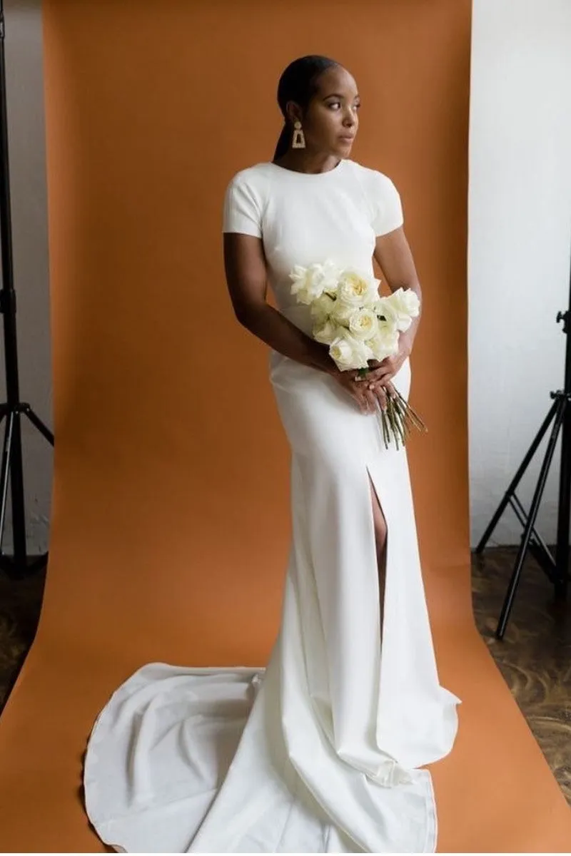 Hollow Back Simple Bride Dresses with Sleeves