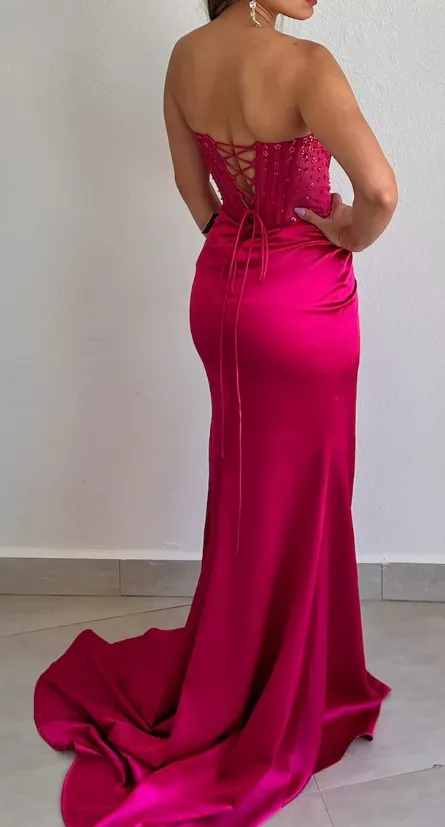JazzHer Elegant Sheath Sweetheart Sequin Pink Satin Slit Prom Dresses Evening Dress (PRE-ORDER)
