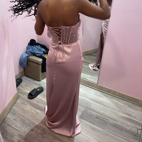 JazzHer Elegant Sheath Sweetheart Sequin Pink Satin Slit Prom Dresses Evening Dress (PRE-ORDER)