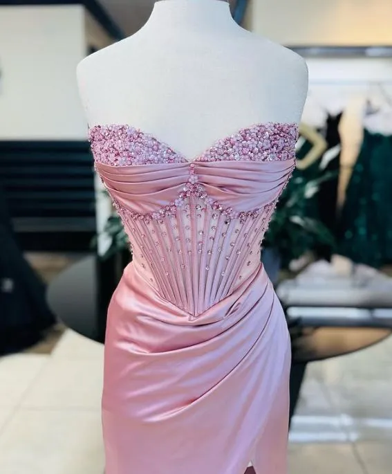 JazzHer Elegant Sheath Sweetheart Sequin Pink Satin Slit Prom Dresses Evening Dress (PRE-ORDER)