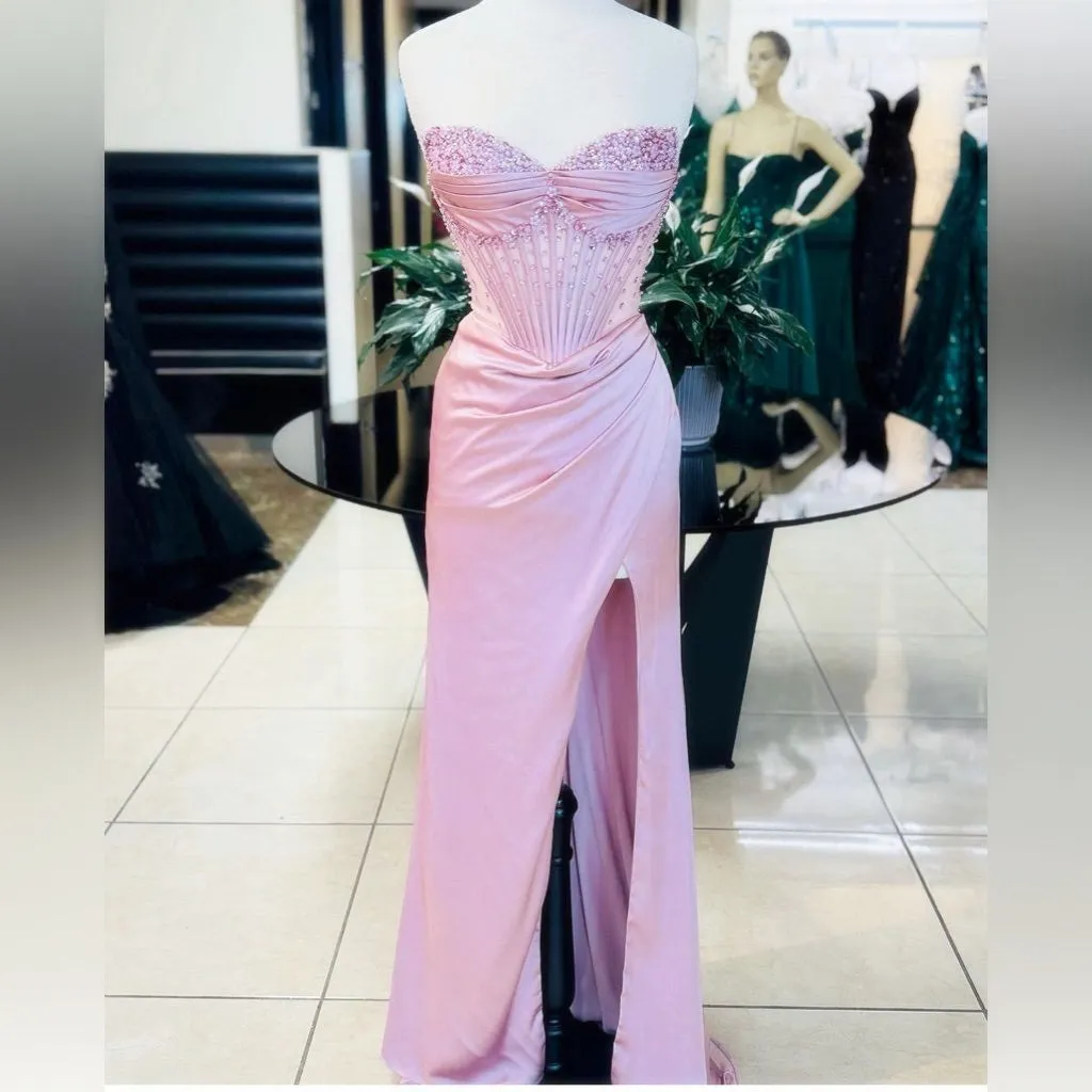 JazzHer Elegant Sheath Sweetheart Sequin Pink Satin Slit Prom Dresses Evening Dress (PRE-ORDER)