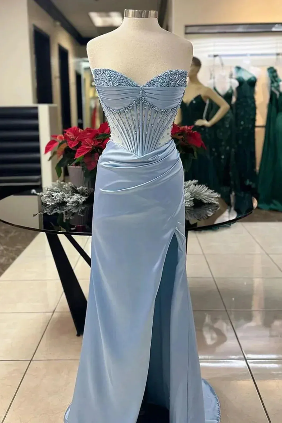 JazzHer Elegant Sheath Sweetheart Sequin Pink Satin Slit Prom Dresses Evening Dress (PRE-ORDER)