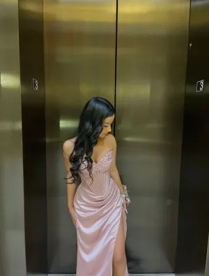 JazzHer Elegant Sheath Sweetheart Sequin Pink Satin Slit Prom Dresses Evening Dress (PRE-ORDER)