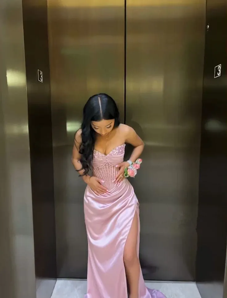 JazzHer Elegant Sheath Sweetheart Sequin Pink Satin Slit Prom Dresses Evening Dress (PRE-ORDER)