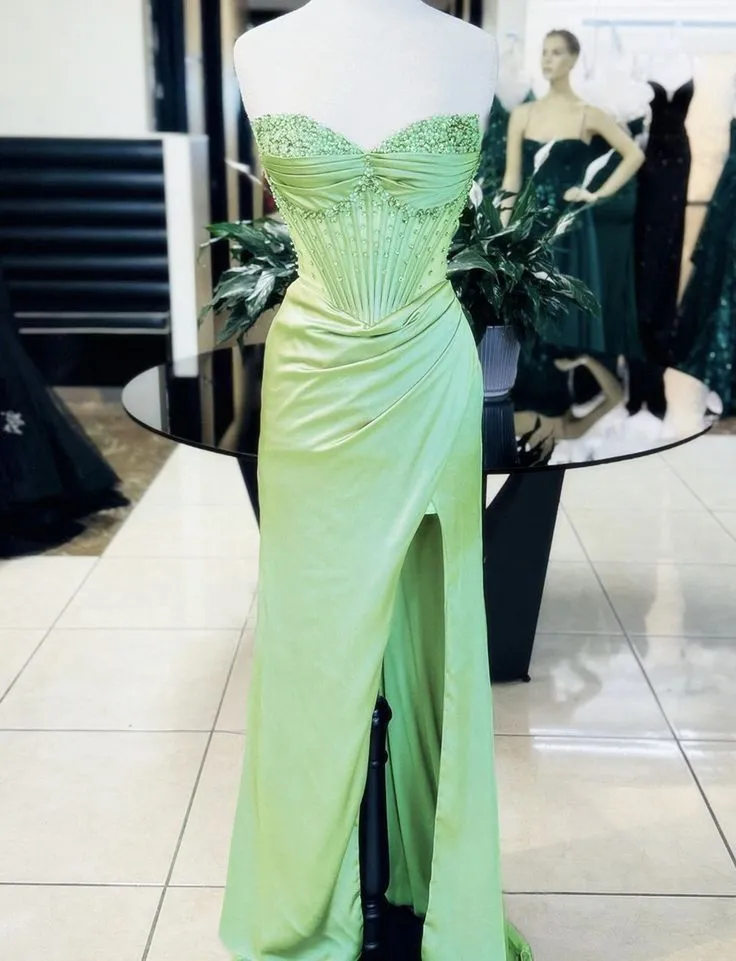 JazzHer Elegant Sheath Sweetheart Sequin Pink Satin Slit Prom Dresses Evening Dress (PRE-ORDER)