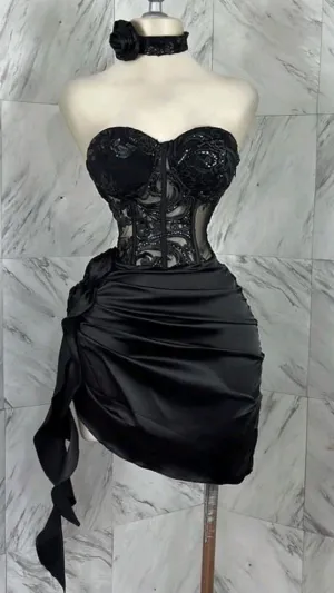 JazzHer Sexy Sheath Strapless Black Lace Short Birthday Outfits Satin Homecoming Dresses (PRE-ORDER)