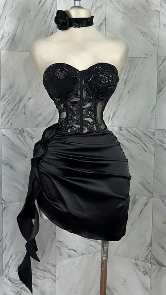 JazzHer Sexy Sheath Strapless Black Lace Short Birthday Outfits Satin Homecoming Dresses (PRE-ORDER)