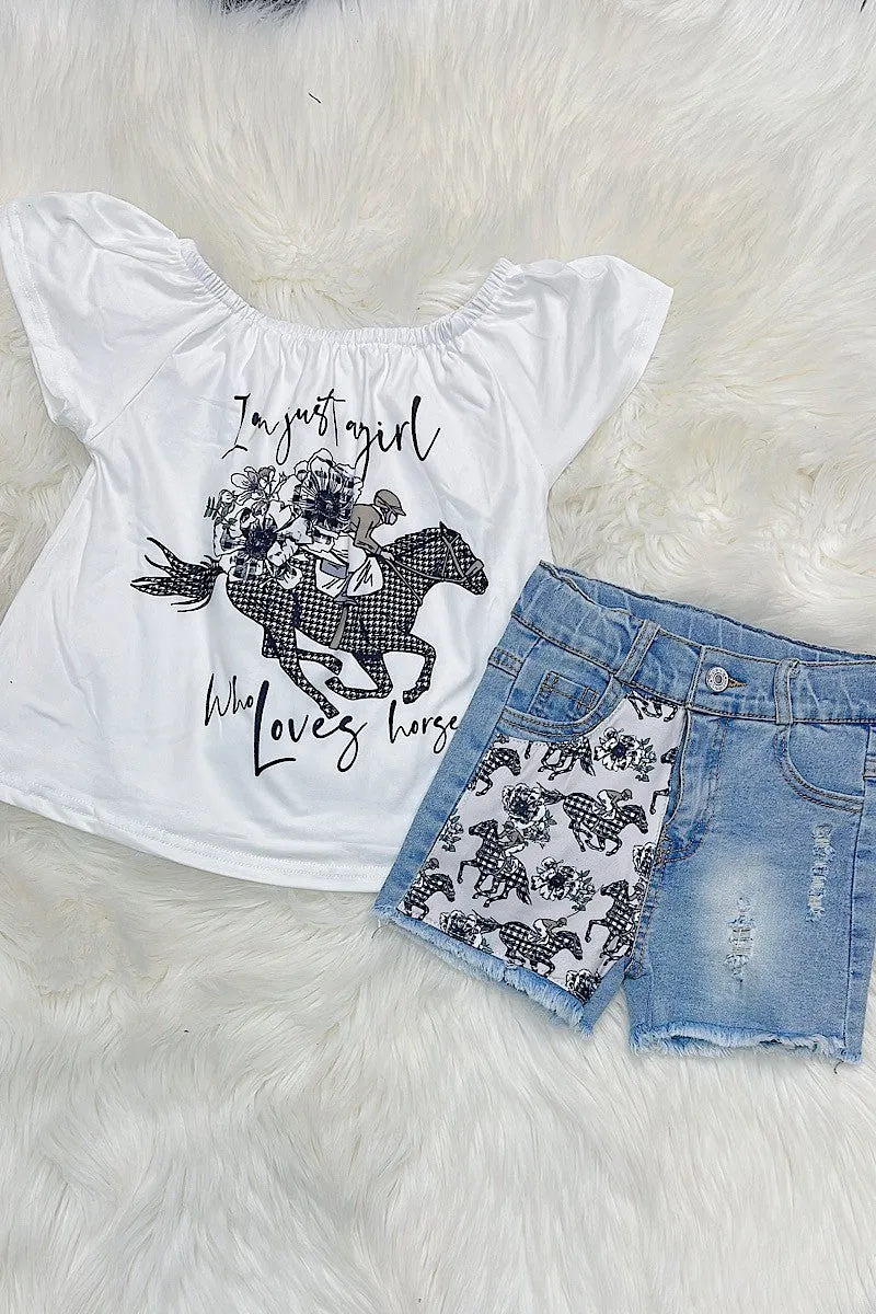 Kids Horse girl Tee with Denim shorts baby to 6x