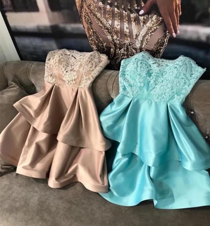 Lace Strapless Champagne Homecoming Dresses with Satin Layers Skirt