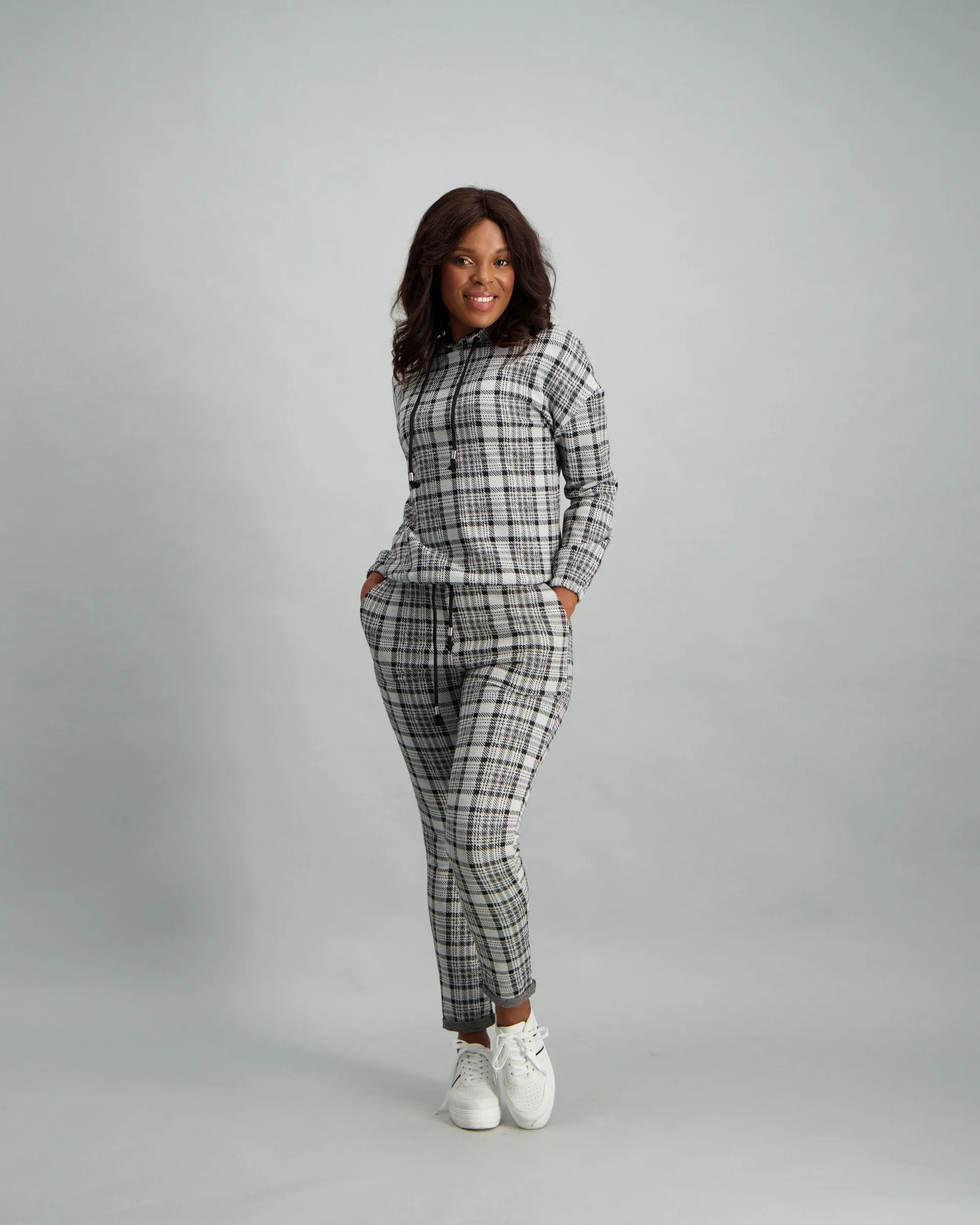Ladies Checked Hooded Top - Grey