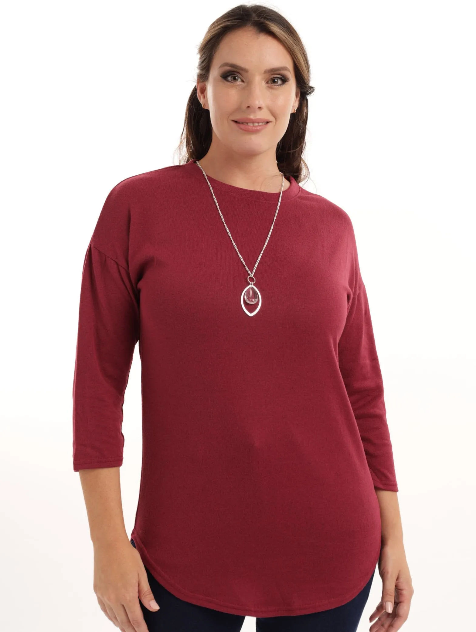 Ladies Tunic Top With Necklace - Wine