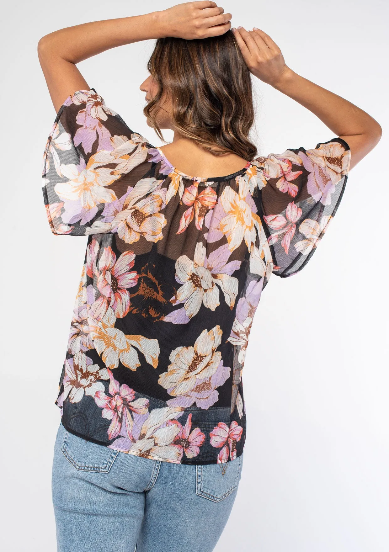 Large Floral Flutter Sleeve Tie Front Top