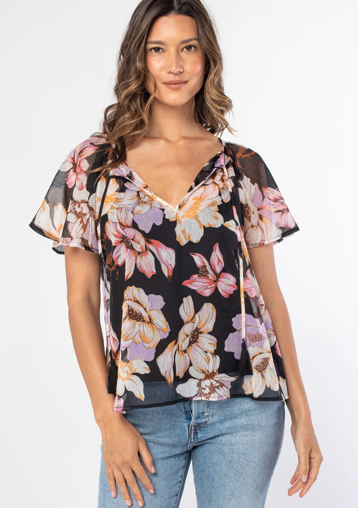 Large Floral Flutter Sleeve Tie Front Top
