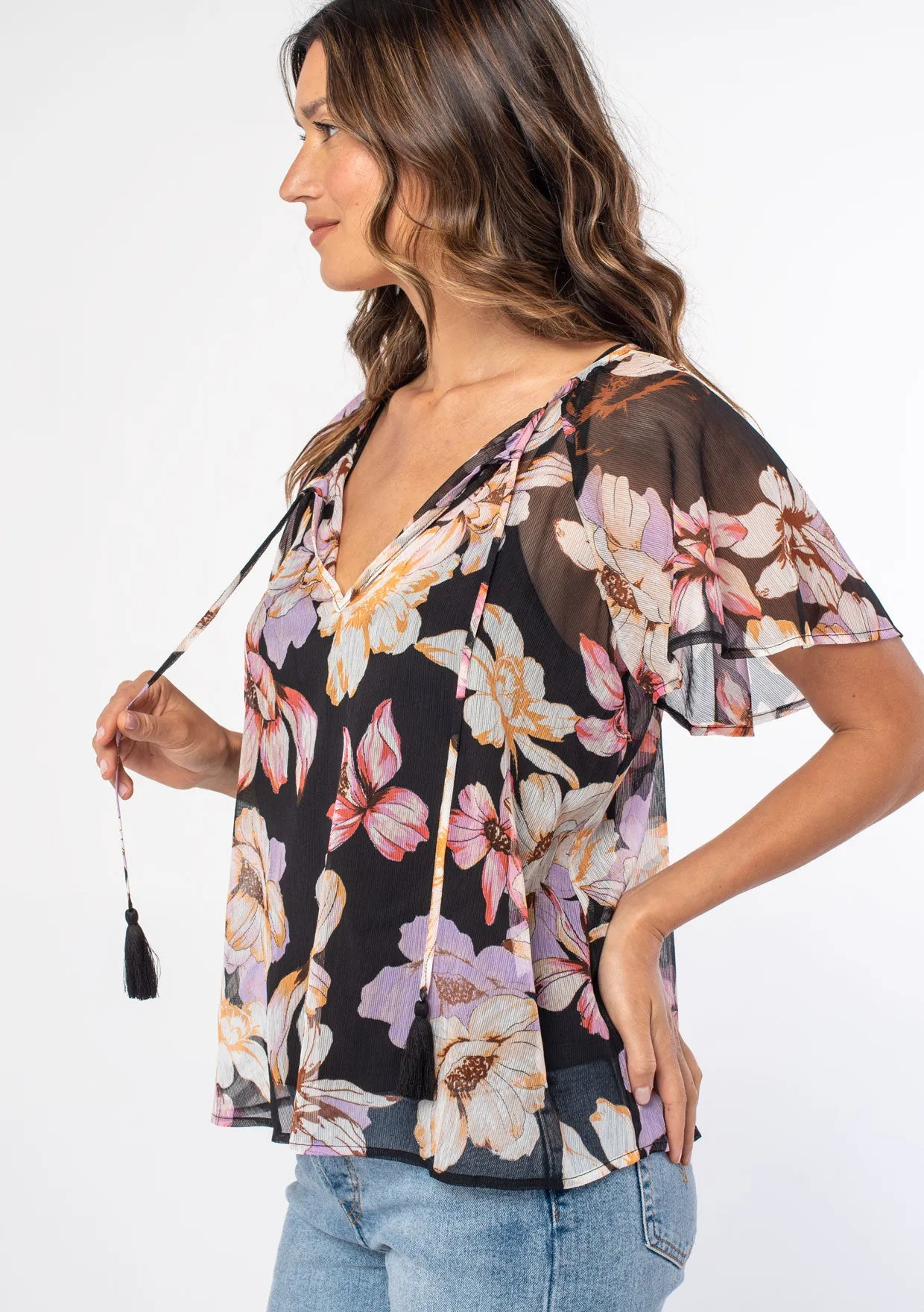Large Floral Flutter Sleeve Tie Front Top