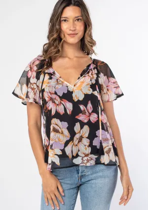Large Floral Flutter Sleeve Tie Front Top