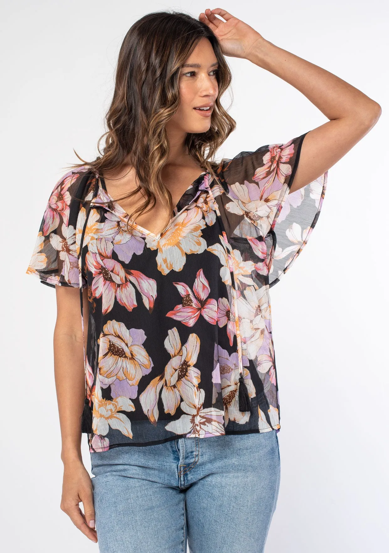 Large Floral Flutter Sleeve Tie Front Top