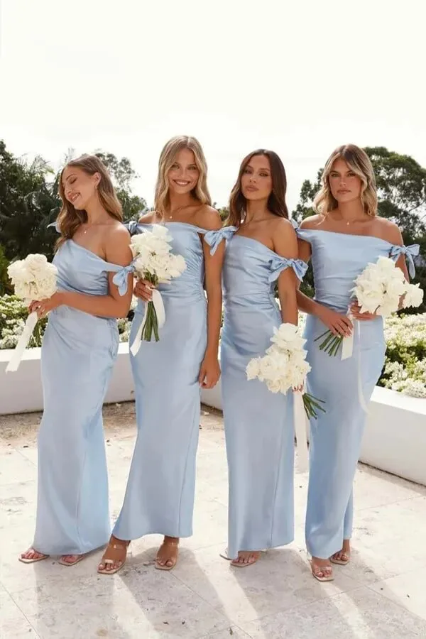 Light Blue Sheath Off-the-Shoulder Pleated Satin Bridesmaid Dresses, MBD267