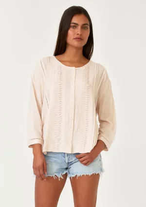 Linen Blend 3/4 Sleeve Button Down Pleated Blouse