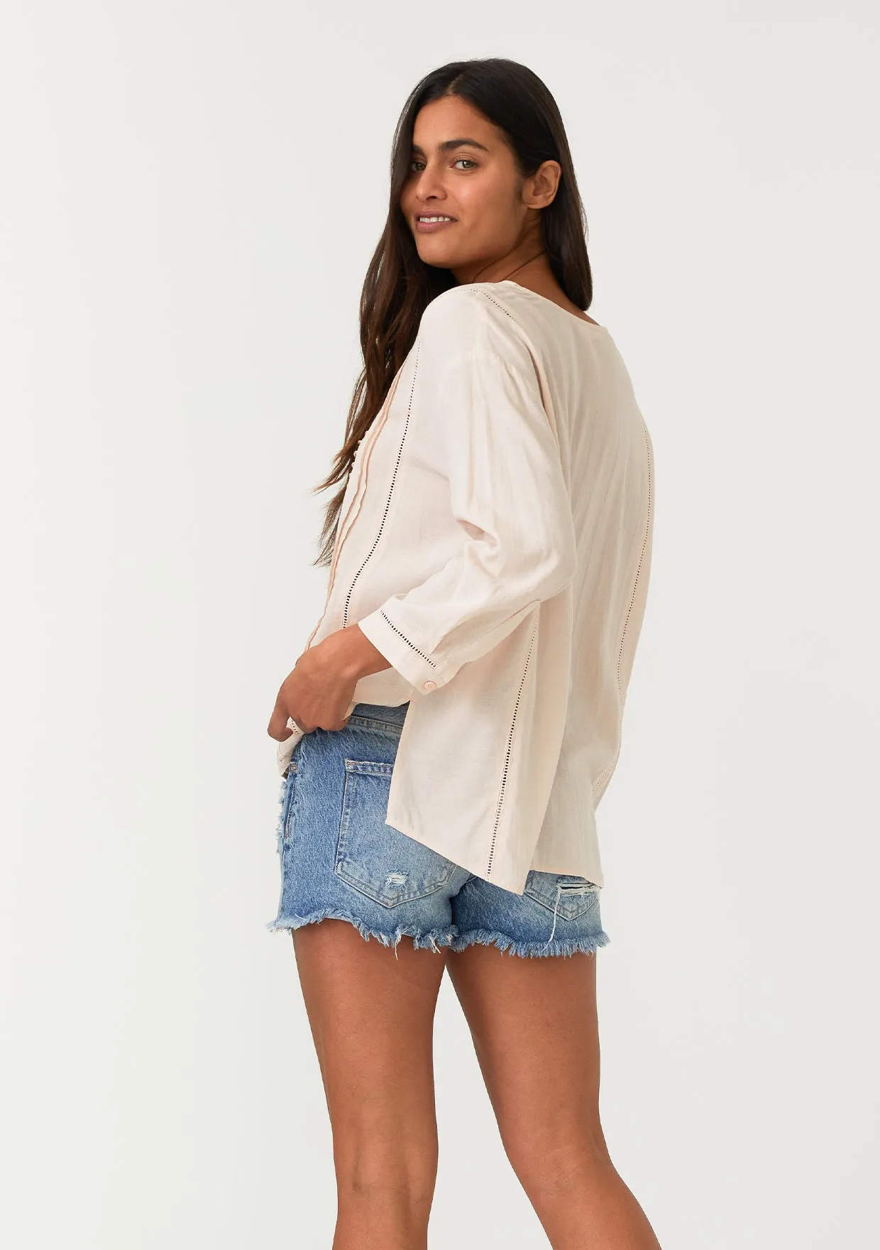 Linen Blend 3/4 Sleeve Button Down Pleated Blouse