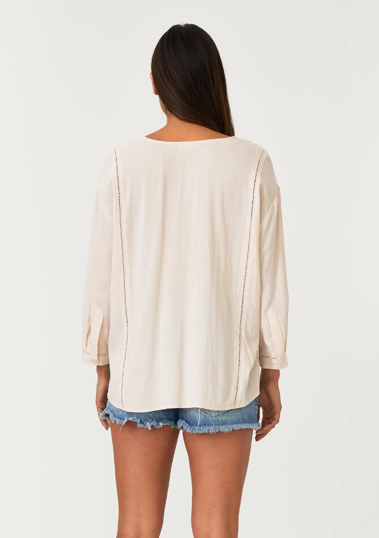 Linen Blend 3/4 Sleeve Button Down Pleated Blouse