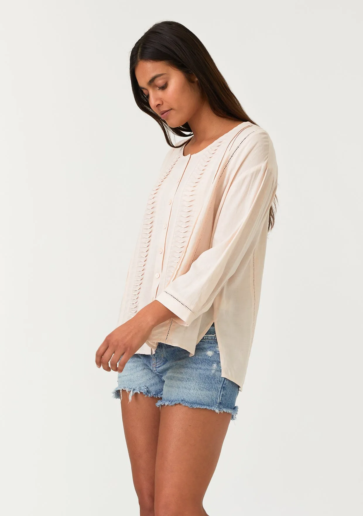 Linen Blend 3/4 Sleeve Button Down Pleated Blouse