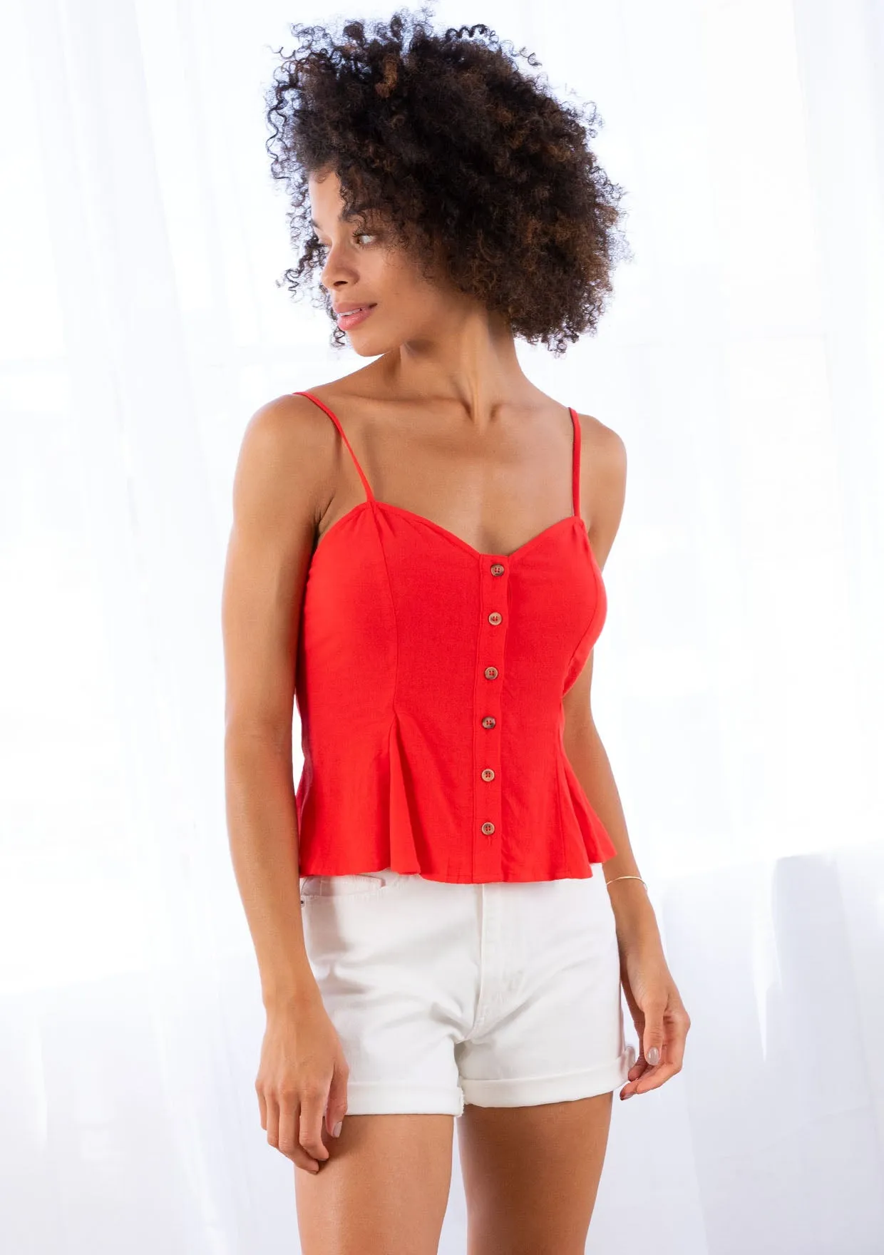 Linen Blend Peplum Spaghetti Strap Tank
